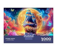 Sailboat 1000 Piece Jigsaw Puzzle Wizard Under Moon & Roses Decorative Paper Puzzle for Wall Art Display, Relaxing Focus Game for Adults 70x50cm/1000pcs