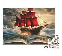 Sailboat 1000 Piece Men Women Adults Puzzle Red-sailed Ship Emerging from Open Book Premium Thick Sturdy Vibrant Challenging Stress Relief 38x26cm/1000pcs