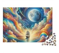 Sailboat 1000 Piece Men Women Adults Puzzle Ship Sailing Toward Moon with Rainbow Clouds Premium Thick Sturdy Vibrant Challenging Stress Relief 52x38cm/1000pcs