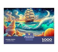 Sailboat 1000 Piece Sustainable Board Ship at Ocean Shore Mindfulness Puzzle for Adults Lettered Back Pieces Relaxation Activity Anti-glare 70x50cm/1000pcs