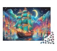 Sailboat Adventure Thick Paper Pirate Ship in Cosmic City at Night Jigsaw Puzzle Bundle Boredom Buster Puzzle Gift 52x38cm/1000pcs
