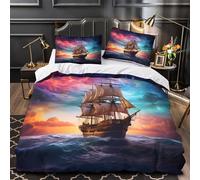 Sailboat at night 3D Digital Print Duvet Insert Cover 3pc Ultra-Soft Microfibre Light Fantasy ocean voyage Quilt Cover 2 Pillowcases Concealed Zipper Bed Linen Teens Bedroom Single（140x200cm）