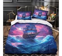 Sailboat at night 3D Printed Comforter Cover 3pcs Microfibre Fade-Resistant Soft Fantasy ocean voyage Quilt Cover 2 Pillow Shams Zipper Closure Bed Linen Family & Guests Super king（260x220cm）