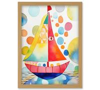Sailboat At Sunset Folk Art Artwork Framed Wall Art Print A4 Artery8 Light Oak One Size