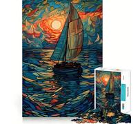 Sailboat at Sunset, Stained Glass Style 1000 Pieces Jigsaw Puzzles for Adults Improve Memory Peaceful Fun Sharp Edge (38x26cm)