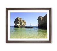 Sailboat Between the Rocks Modern Framed Wall Art Print, Ready to Hang Picture for Living Room Bedroom Home Office Décor, Walnut A4 (34 x 25 cm)