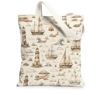 Sailboat Canvas Tote Bag for Women, Nautical Vintage Lighthouse Waves Summer Beige Washable Reusable Small Tote Bag Ideas F, Beige, 13x15 Inch