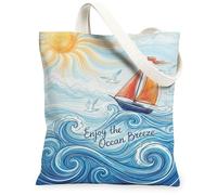 Sailboat Canvas Tote Bag for Women, Summer Coastal Waves Sun Summer Blue Washable Reusable Small Tote Bag Ideas for Shopping Trips Office Library Casual 13x15 Inch