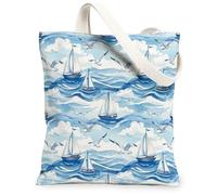Sailboat Canvas Tote Bag for Women, Summer Nautical Waves Coastal Gull Summer Blue Washable Reusable Aesthetic Tote Bag Ideas for Family Friends Colleagues Reading Loves 13x15 Inch