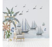 Sailboat Coconut Sea Birds Dolphins 3D Wallpaper Textured Silk Easy Install Living Room Sofa Bedroom Dining Room Home Decoration Wall-400cm×280cm
