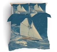 Sailboat Duvet Cover, Ocean Waves Navy Bedding Set, Washable Microfiber Quilt Cover with Zipper Closure, Soft Breathable Reversible Bed Duvet Cover + 2 Pillowcases (Emperor, 290x235 cm)