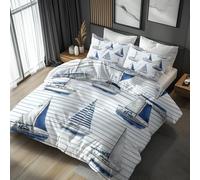 Sailboat Duvet Cover Sets Double, Ship Nautical Striped Bedding Duvet Cover Set 3 Piece, Sailboat Bedroom Decor Bed Set&Gift Super Soft Microfibre With 2 Pillowcase, No Comforter, LS3989