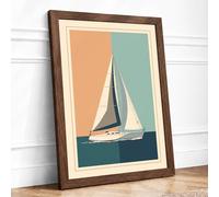 Sailboat in Calm Waters Art Deco Framed Wall Art Print A4 (29.7×21cm) Walnut, Wall Decor for Living Room, Bedroom, Office & Home, Ready to Hang, Art Gift
