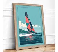 Sailboat in Turquoise Waters Modern Framed Wall Art Print A2 (59.4×42cm) Oak, Wall Decor for Living Room, Bedroom, Office & Home, Ready to Hang, Art Gift