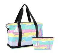 Sailboat Island Cartoon Rainbow Stripes Duffel Bag Travel Weekender Gear Bag with Adjustable Strap for Workout Waterproof, Sailboat Island cartoon Rainbow stripes, One Size