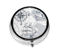Sailboat Map Printed Round Travel Pill Box Cute Small Metal Pocket Pill Case for Men & Women 3 Compartment Portable Pill Organizer for Purse or Pocket