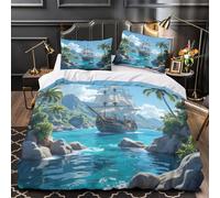 Sailboat near islands 3D Digital Print Quilt Cover 3pc Premium Microfibre Stain-Resistant Tropical adventure scene Duvet Cover 2 Pillowcases Zip Closure Bed Ensemble Couple Bedroom Single（140x200cm）