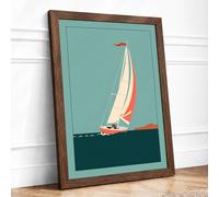 Sailboat on Calm Waters Mid-Century Framed Wall Art Print A4 (29.7×21cm) Walnut, Wall Decor for Living Room, Bedroom, Office & Home, Ready to Hang, Art Gift