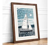 Sailboat on Choppy Waters Coastal Framed Wall Art Print A2 Walnut