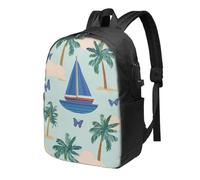 Sailboat Palm Tree Laptop Backpack Sea Butterfly Travel Backpack 17inch Water Resistant Carry on Rucksack with USB Charging Port College Bookbag School Work Bag for Women Men