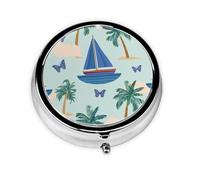Sailboat Palm Tree Small Pill Box 3 Compartment Portable Pill Box for Purse Pocket Sea Butterfly Mini Medicine Organiser for Daily Vitamin Fish Oil Storage