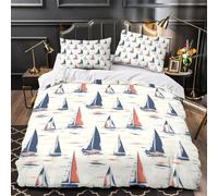 Sailboat Pattern Comforter Cover 3D Design Printed Luxury 3PCs Bedding Set Zipper NauticalPrint Duvet Cover Extra Soft Easy Care for Teens Youth Teenagers Adults Women Kids Single（140x200cm）