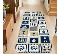 Sailboat Runner Rug, Nautical Coastal Lighthouse Anchors Summer Navy Blue Non-Slip Rectangle Floor Carpets Edge Binding for Kitchen Laundry Room Doorway Entryway Decor 2x8 Ft