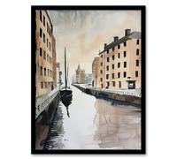 Sailboat Sailing in Quiet Canal Watercolour Framed Wall Art Artery8 Grey A4