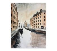 Sailboat Sailing in Quiet Canal Watercolour Wall Art Print Artery8 Grey W24 inch x H32 inch