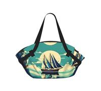 Sailboat Ship Landscape 37'' Convertible Round Picnic Blanket Bag, 2-in-1 Portable Printed Camping Mat with Shoulder Straps