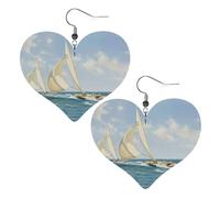 Sailboat Ship Landscape Prints Leather Heart earrings Pendant Stylish and light Lightweight Dangle for Women Girls, One Size, Leather, No Gemstone
