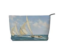 Sailboat Ship Landscape Zipper Closure Corduroy Makeup Bag Multifunctional Organizer 22x7x17cm for Travel Camping Vacation Fitness