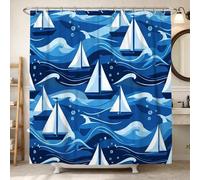 Sailboat Shower Curtain, Nautical Contemporary Waves Bubble Summer Blue Polyester Waterproof Toile Cloth Shower Curtains Decor for Toile Bathroom Dorm 72x78 Inch