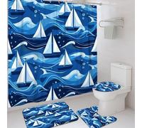 Sailboat Shower Curtain Sets, Nautical Contemporary Waves Bubble Summer Blue Waterproof Fabric Bathroom Shower Curtain and Bath Mat Set for Bathtub Toile Guest Room Decor 72x72 Inch