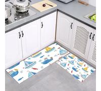 Sailboat Small Fish Kitchen Rug Set 2 Piece, Non Slip Anti Fatigue Blue Kitchen Mat, Machine Washable Cartoon Nautical Theme Floor Mat, for Hallway Dining Room Home Decoration 50x80cm+50x150cm