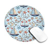 Sailboat Small Mouse Pad, Nautical Marine Starfish Shell Summer Blue Round Rubber Washable Stitched Edge Cloth Mousepad Desk Decor for Office Home Dorm Laptop Round 8x8 Inch