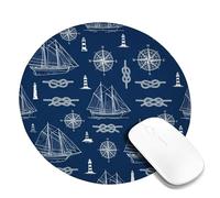 Sailboat Small Mouse Pad, Nautical Maritime Lighthouse Compass Summer Navy Blue Round Rubber Smooth Stitched Edge Cloth Mousepad Accessories for Office Home Computer Laptop Round 8x8 Inch