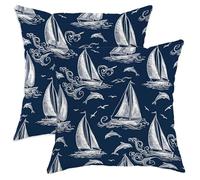 Sailboat Throw Pillow Covers Set of 2, Nautical Coastal Dolphin Waves Summer Navy with Hidden Zipper Couch Pillow Covers for Home Bedroom Living Room Sofa Couch Decor 12x12 Inch