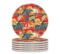 Sailboat Tropical Plants Flowers Sunset Round Ceramic Coasters Non-Slip Cork Base Drinks Holder Craft 6PCS