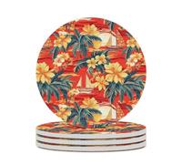 Sailboat Tropical Plants Flowers Sunset Round Ceramic Coasters Non-Slip Cork Base Drinks Holder Craft 4PCS