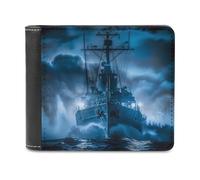 Sailboat War Ship Blue Toned Clouds Bifold Wallet PU Leather Slim Purse Pocket Wallet with Card Holder for Office Travel