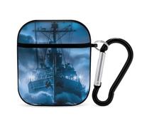 Sailboat War Ship Blue Toned Clouds Case Cover Compatible with AirPods 1&2 Protective PC Shell Carrying Case with Keychain
