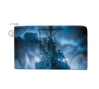 Sailboat War Ship Blue Toned Clouds Coin Purse Fashion Canvas Pouch Portable Wallet Makeup Bag for Men Women