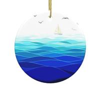 Sailboat With Birds Maritime Christmas Round Ceramic Ornament Decor,Double-Sided Printed Bauble With Gold String,Unique Dual-Face Design For Xmas Tree Home