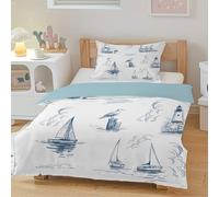 Sailboats Duvet Cover Sets Single Bedding Sets, Reversible Lighthouse Seagulls Quilt Cover, Sketchy Line Art Calm Bed Sets with Zipper Closure and 2 Pillowcases, F-604