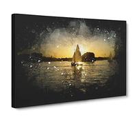 Sailboats On The Lake Paint Splash Canvas Print | Gallery Wrapped 30mm Frame Wall Art | 20x14 inches | Ready to Hang | Modern Landscape Picture | Living Room Bedroom Lounge Office