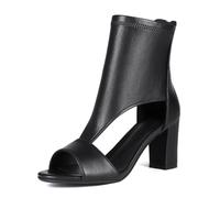 Sailimy women's peep toe summer booties sandals, black suede cutout T Strap zipper back open toe Pump boots, hollow caged wrap up prom block chunky high heels heeled dress sandals shoes booties