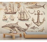 Sailing Adventure Mural Vintage Anchor Wallpaper Distressed Whale Wall Mural Extra Large Panoramic Wallpaper Hotel Restaurant Lobby Custom Wall Paper (Non-self-Adhesive)