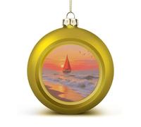 Sailing at The Seaside Christmas Ball Ornament - 2.4 Inch Shatterproof Plastic Xmas Tree Decorations, Golden Christmas Tree Decor Hanging Ball for Holiday Wedding Party Decor