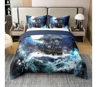 Sailing Boat 100% Organic Cotton Bedding Set Single Nautical Navigation Duvet Cover Octopus Marine Fish Comforter Cover Watercolor Ocean Wave Bedspread Cover 1 Pillowcase(No Comforter)